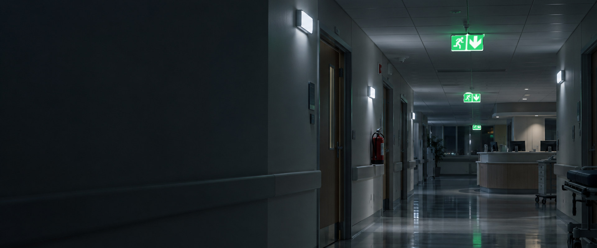 Hospital corridor at night under emergency lighting — wall-mounted LED bulkheads and green SANS running-man exit signs guiding the way to the nurses’ station